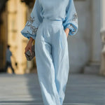 Women's Linen And Cotton Top And Trousers Two-piece Set