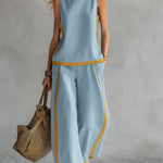 Women's Round Neck Sleeveless Casual Loose Top And High-waisted Loose Wide-leg Pants Cotton And Linen Set.