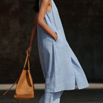 Stylish V-neck Long Shirt And Wide-leg Pant Linen Two-piece Set