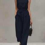 Women's Solid Color Round Neck Sleeveless Loose Casual Top And High-waisted Loose Wide-leg Pants Cotton And Linen Set.