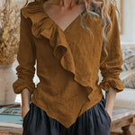Women's Solid Color V-neck Long Sleeve Casual Loose Ruffled Cotton Linen Top