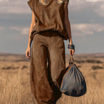 Women's Solid Color Stand-collar Sleeveless Casual Loose Faux Suede Wide-leg Pants Set