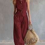 Women's Solid Color Stand-collar Sleeveless Casual Loose Cotton And Linen Top, And High-waisted Casual Loose Wide-leg Pants Set.