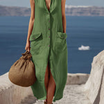 Women's Solid Color Lapel Sleeveless Casual Loose Cotton And Linen Dress