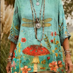 Mushroom Dream V-neck Pocket Linen Shirt Top