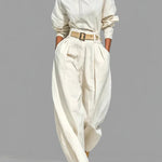 Casual Linen And Cotton Crew-neck Shirt And High-waisted Tapered Trousers Two-piece Set.