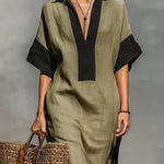 Women's Minimalist Cotton Linen Color-blocked Casual Maxi Dress