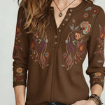 Women's Floral Print Stretch Knit Cotton Henley Top