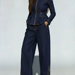 Casual Zip-up Off-shoulder Denim Top And Jeans Two-piece Set