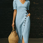 Elegant V-neck Button-up Linen Midi Dress