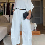 Women's Solid Color Round Neck Three-quarter Sleeve Casual Loose Top And High-waisted Casual Loose Wide-leg Pants Cotton Set.