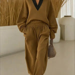 Women's Color Block V-neck Long-sleeve Casual Loose Sweatshirt With Elastic Waist And Wide-leg Pants Set