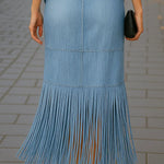Women's Stylish Sleeveless Top Fringe Skirt Denim Suits