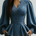 Elegant Lace-paneled Ruffled Hem Denim Shirt