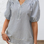 Women's V-neck Puff Sleeve Striped Shirt