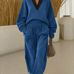 Women's Color Block V-neck Long-sleeve Casual Loose Sweatshirt With Elastic Waist And Wide-leg Pants Set
