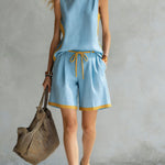 Women's Round Neck Sleeveless Casual Loose Vest And Elastic Waist Casual Loose Shorts Cotton And Linen Set.