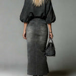 Women's V-neck 3/4 Sleeve Denim Top And High-waisted Casual Loose Denim Skirt Set