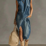 Women's Stand-collar Sleeveless Casual Loose Denim Dress