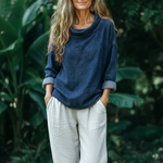 Elegant Draped-collar Denim Cotton Top