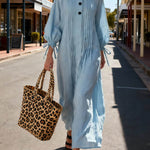 Women's Solid Color Round Neck Long-sleeved Casual Loose Pleated Cotton And Linen Dress