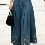 Trendy Hollow Metal Eyelet Denim Skirt