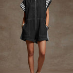 Women's Stand-collar Short-sleeved Casual Loose Short Denim Wide-leg Jumpsuit