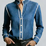 Women's Stand Collar Long Sleeve Casual Loose Denim Shirt