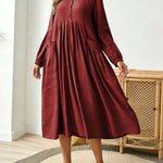 Women's Solid Color Round Neck Long-sleeved Casual Loose Cotton And Linen Dress
