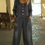 Casual V-neck Button-up Denim Jumpsuit Overalls
