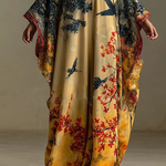 Elegant Red Maple Blossom And Bird Art Print Long Robe Dress
