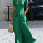 Women's Casual Urban Plain Buttoned Shirt Collar Maxi Cotton Dress