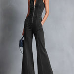 Casual Zipper Sleeveless Denim Flared Jumpsuit