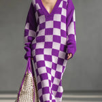 Women's Plaid Print V-neck Long-sleeved Casual Loose Knit Dress