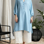 Women's Solid Color V-neck 3/4 Sleeve Casual Loose Fit Cotton Long Shirt