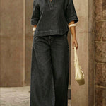 Women's Casual 100% Cotton Denim Top And Wide-leg Pants Two-piece Set