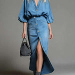 Women's V-neck 3/4 Sleeve Denim Top And High-waisted Casual Loose Denim Skirt Set
