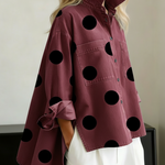 Elegant Artistic Polka Dot Print Stand-collar Denim Top