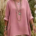 Casual V-neck Pocketed Irregular Hem Cotton And Linen Shirt