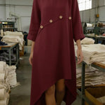 Cozy Patchwork Button-decorated Linen Dress