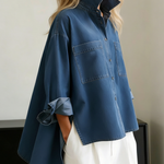 Casual Stand-collar Irregular Hem Denim Shirt Top