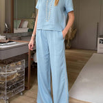 Women's Round Neck Short Sleeve Casual Loose Top High Waist Casual Loose Wide Leg Pants Cotton Linen Set