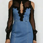 Women's Stand Collar Long Sleeve Chiffon Patchwork Casual Slim Denim Dress