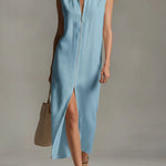 Women's Solid Color Stand-collar Sleeveless Casual Loose Linen Dress