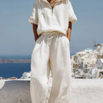 Women's Solid Color Hooded Short-sleeved Pullover Top And Elastic Waist Loose Wide-leg Pants Cotton And Linen Set.