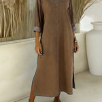 Women's New Spring Collection V-neck Long-sleeved Casual Loose Denim Dress With Side Slits.