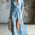 Women's Small Check Multi-color Linen-cotton Blend Long Dress