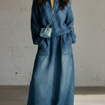 Casual Denim Stand-collar Zip-up Top And Skirt Two-piece Set