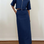 Women's Casual Linen And Cotton Zip-up Top And Skirt Two-piece Set