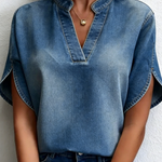 Casual V-neck Petal Sleeves Denim Blouse